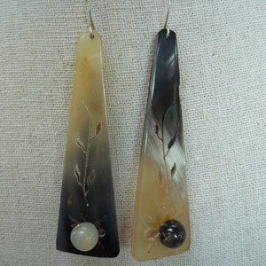 Unique Dangling Buffalo Horn Earrings, Flower Scroll Carving with Agate Accents
